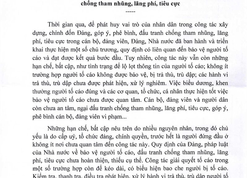 Chỉ thị của Bộ Chính trị về tăng cường sự lãnh đạo của Đảng đối với công tác bảo vệ người phát hiện, tố giác, ngưòi đấu tranh chống tham nhũng, lãng phí, tiêu cực