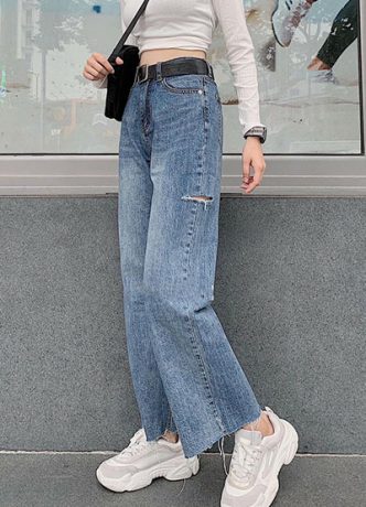 Quần Bò Ống Rộng Rách 2 Bên
