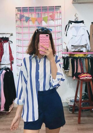 Áo Sơ Mi Nữ Kẻ Sọc Xanh Trắng