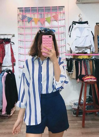 Áo Sơ Mi Nữ Kẻ Sọc Xanh Trắng