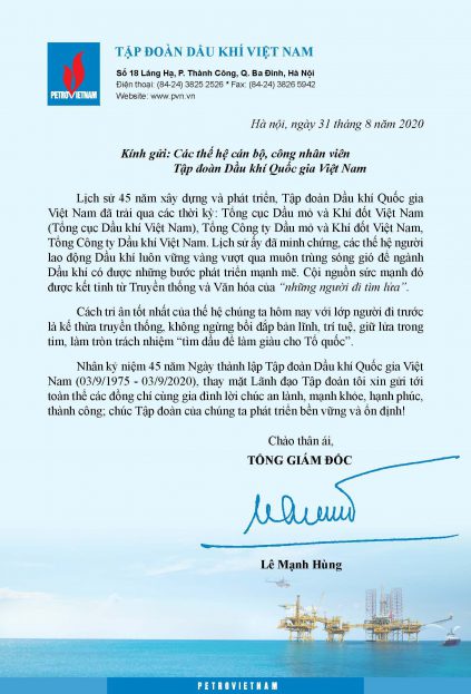 Thư chúc mừng của Tổng giám đốc nhân kỷ niệm 45 năm Ngày thành lập Tập đoàn Dầu khí Quốc gia Việt Nam